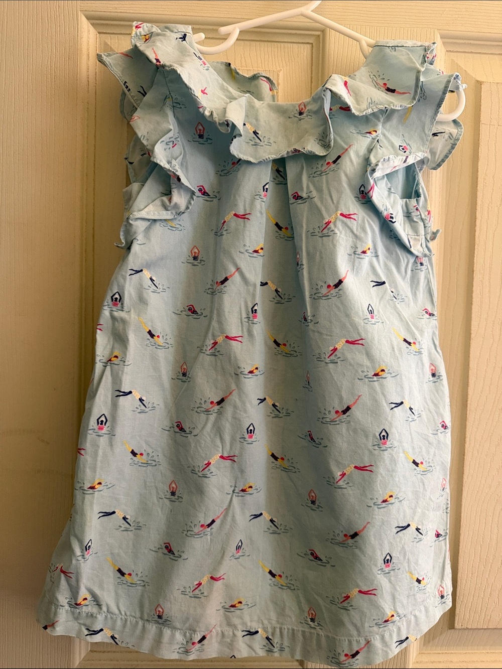 Girls' Light Blue Ruffle Shoulder Summer Dress with Swimmer Print